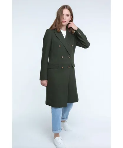 Elle Womens Double Breasted Long Coat in Green Viscose