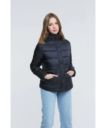 Elle Womenss Padded Jacket with Inner Fur Collar in Black Nylon