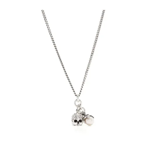 Emanuele Bicocchi , Skull Pendant Necklace with Freshwater Pearl ,Gray male, Sizes: ONE SIZE