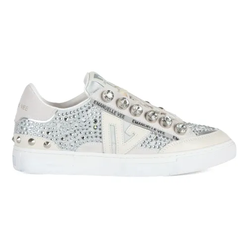 Emanuelle Vee , Leather and Fabric Sneakers with Rhinestones ,Gray female, Sizes: