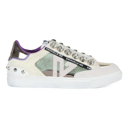 Emanuelle Vee , Leather and fabric studded sneakers ,Green female, Sizes: