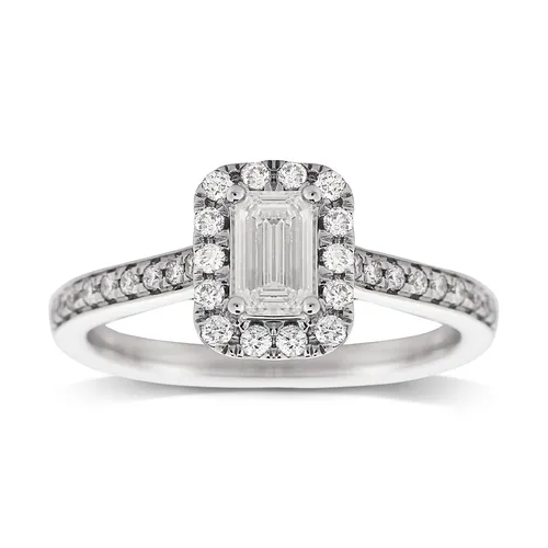 Emerald Cut 0.90ct Halo Diamond Ring In 18ct White Gold - Ring Size O
