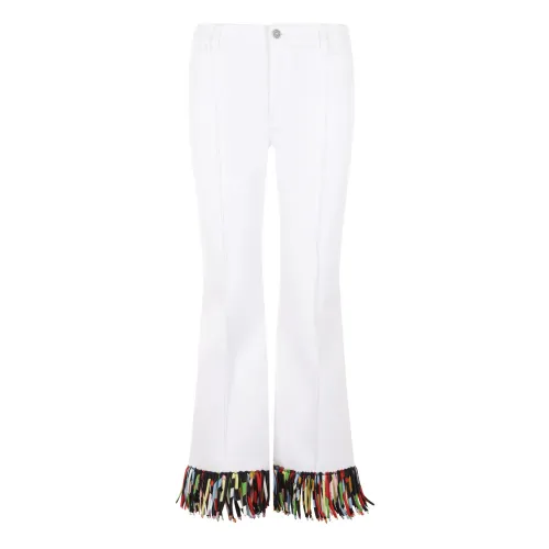 Emilio Pucci , White Straight Leg Jeans with Multicolored Marble Print Fringes ,White female, Sizes: