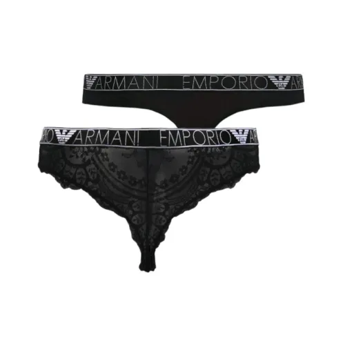 Emporio Armani , 2-Pack Cotton Thongs with Logo Elastic and Lace Details ,Black female, Sizes: