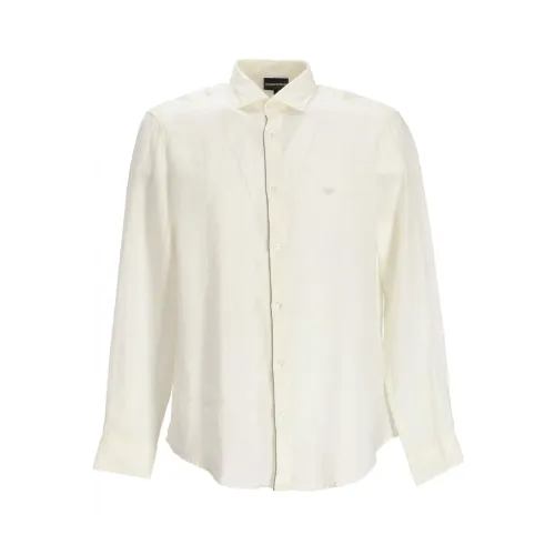 Emporio Armani , Beige Linen Regular Fit Shirt with Embroidered Eagle Logo ,Beige male, Sizes: