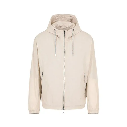 Emporio Armani , Beige Nylon Hooded Jacket with Zipper ,Beige male, Sizes: