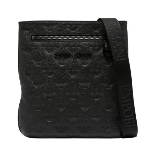 Emporio Armani , Black Embossed Monogram Leather Shoulder Bag ,Black male, Sizes: ONE SIZE