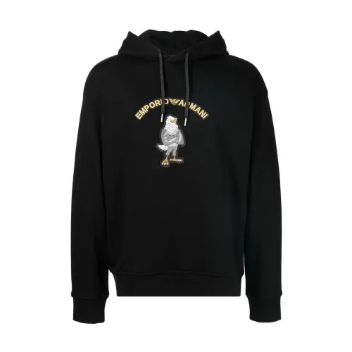 Emporio Armani , Black Hoodie with Maxi Eagle Cartoon Patch - Manga Capsule Collection ,Black male, Sizes: