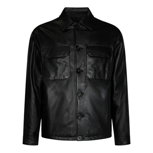 Emporio Armani , Black Leather Jacket for Men ,Black male, Sizes: