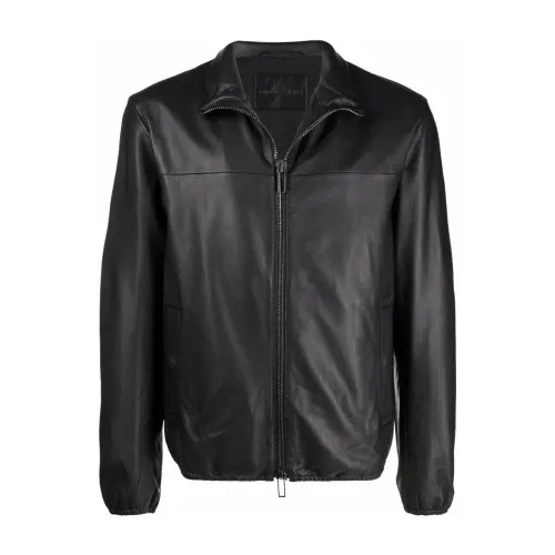 Emporio Armani , Black Leather Zip Jacket ,Black male, Sizes: