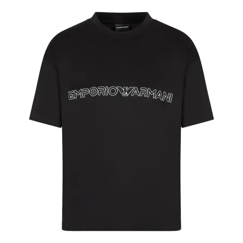 Emporio Armani , Black Tencel Men`s Comfort Fit T-shirt with Logo Patch ,Black male, Sizes: