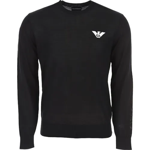 Emporio Armani , Black Wool Sweater with Eagle Logo ,Black male, Sizes: