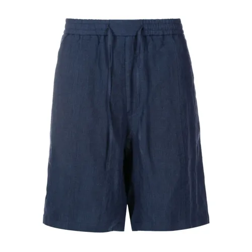 Emporio Armani , Blue Linen Drawstring Bermuda Shorts ,Blue male, Sizes: