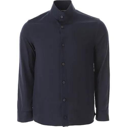 Emporio Armani , Blue Navy Stand Collar Shirt ,Blue male, Sizes: