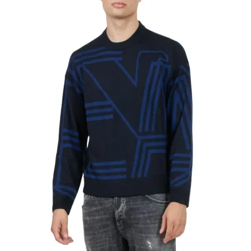 Emporio Armani , Blue Sweaters with Crewneck and Long Sleeves ,Blue male, Sizes: