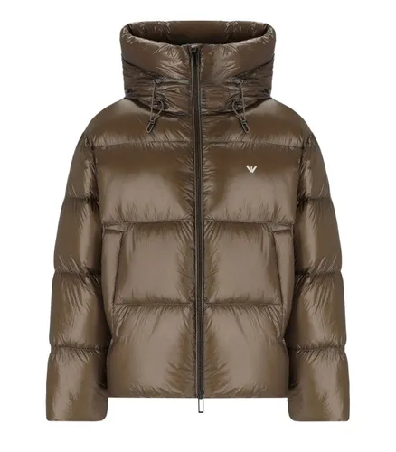 EMPORIO ARMANI BROWN HOODED DOWN JACKET WITH LOGO