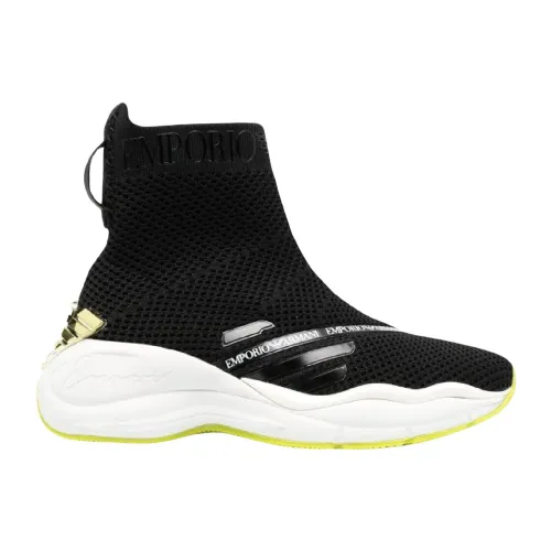 Emporio Armani , Chunky Knit Black Sneakers with 3D Lime Green Eagle Logo
