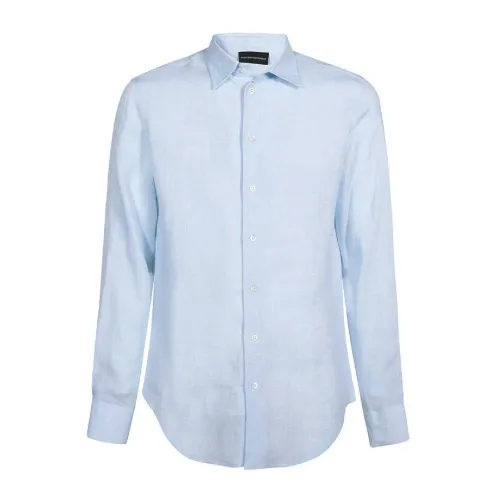 Emporio Armani , Clic Blue Linen Shirt ,Blue male, Sizes: