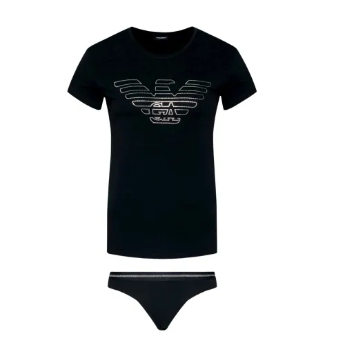 Emporio Armani , Coordinated Shirt and Slip Set with Sequin Eagle ,Black female, Sizes: