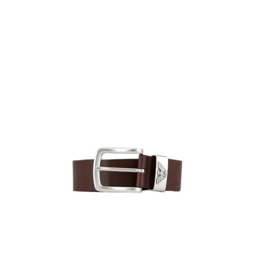 Emporio Armani , Dark Brown Leather Belt with Logo Buckle ,Brown male, Sizes: