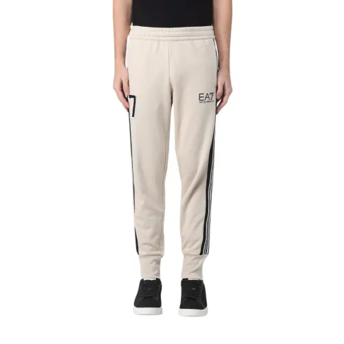 Emporio Armani EA7 , Cotton Blend Trackpants with Logo Print ,Beige male, Sizes: