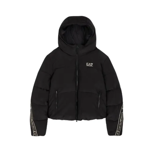 Emporio Armani EA7 , Hooded Down Jacket with Custom Logo Tape ,Black female, Sizes: