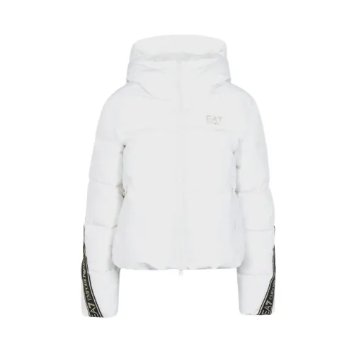 Emporio Armani EA7 , Hooded Down Jacket with Custom Logo Tape ,White female, Sizes: