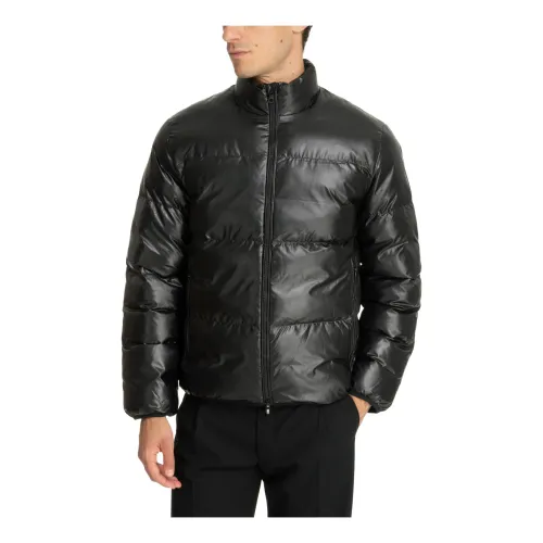 Emporio Armani EA7 , Patterned Zip Closure Down Jacket ,Black male, Sizes: