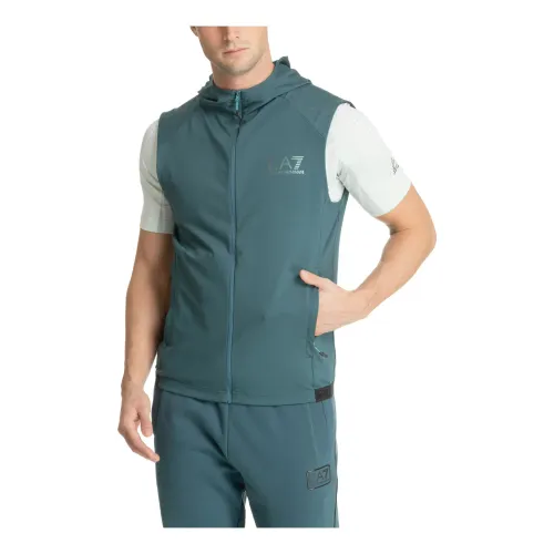 Emporio Armani EA7 , Plain Hooded Vest with Zip Closure ,Green male, Sizes: