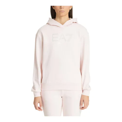Emporio Armani EA7 , Plain Hoodie with Hood, Logo, Rhinestone ,Pink female, Sizes: