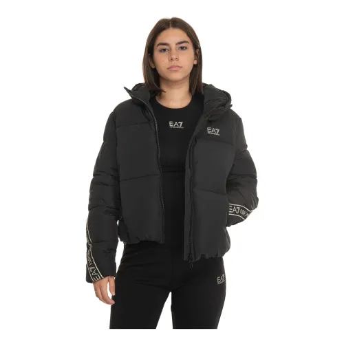 Emporio Armani EA7 , Quilted Hooded Jacket with Logo ,Black female, Sizes: