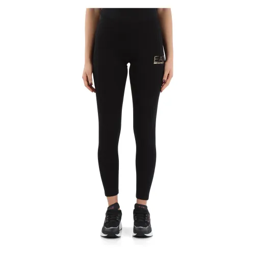 Emporio Armani EA7 , Stretch Cotton Leggings with Front Logo ,Black female, Sizes: