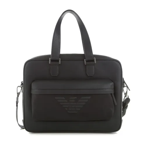 Emporio Armani , Elegant Black Leather Work Bag with Saffiano Print and Nylon Pocket ,Black male, Sizes: ONE SIZE