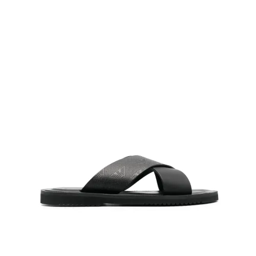 Emporio Armani , Embossed-Logo Crossover-Strap Slides ,Black male, Sizes: