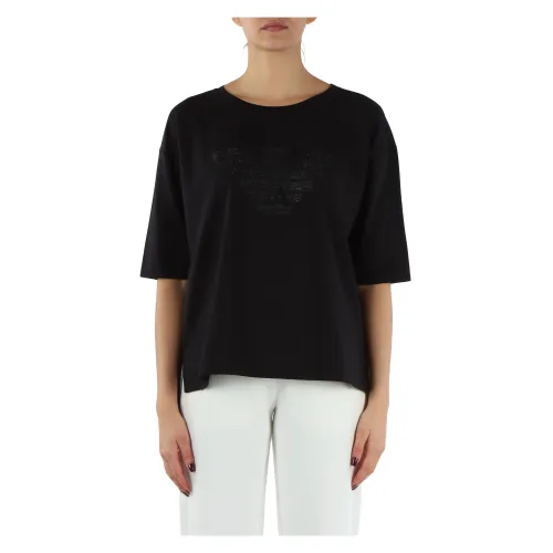 Emporio Armani , Embroidered Logo Oversized Cotton T-Shirt ,Black female, Sizes: