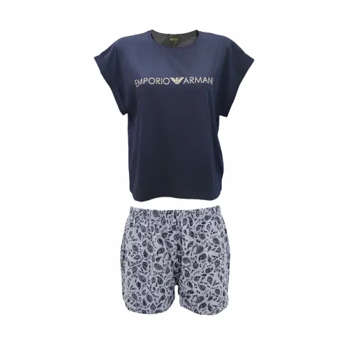 Emporio Armani , Fantasia Shirt and Shorts Pajama Set ,Blue female, Sizes: