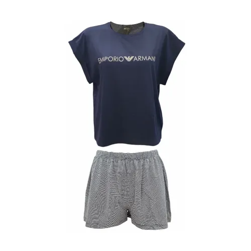 Emporio Armani , Fantasia Shirt and Shorts Pajama Set ,Blue female, Sizes: