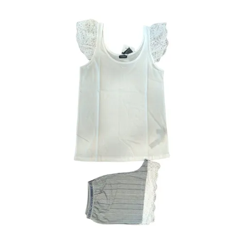 Emporio Armani , Geometric Lace Trim Crew Shoulder Pajama ,Gray female, Sizes:
