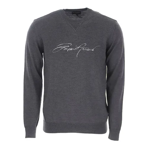 Emporio Armani , Gray Virgin Wool Sweater with Logo Lettering ,Gray male, Sizes: