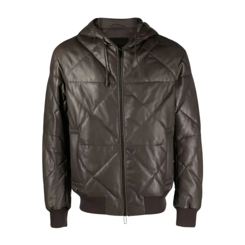 Emporio Armani , Hooded Leather Jacket, Zip Closure ,Brown male, Sizes: