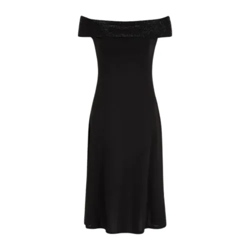 Emporio Armani , Jersey Viscose Dress with Rhinestone Neckline ,Black female, Sizes: