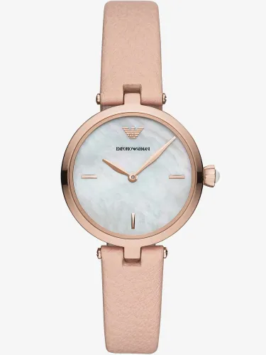 Emporio Armani Ladies Rose Gold Plated Mother Of Pearl Dial Pink Leather Strap Watch AR11199