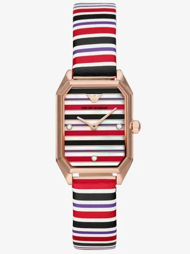 Emporio Armani Ladies Rose Gold Plated Mother Of Pearl Octagonal Dial Stripe Leather Strap Watch AR11301