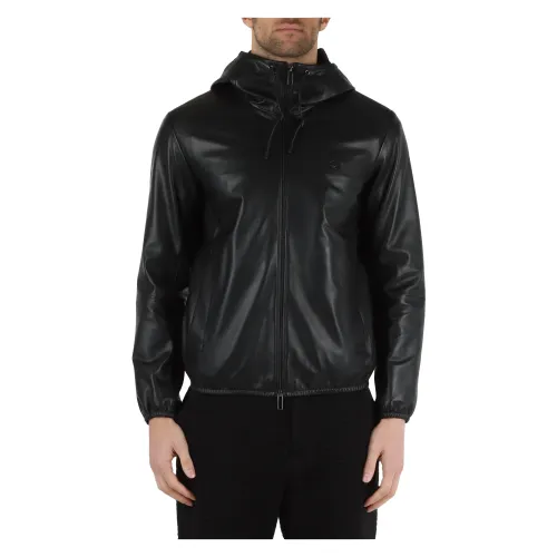 Emporio Armani , Leather Jacket with Hood and Logo Patch ,Black male, Sizes: