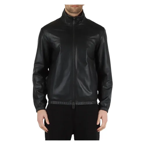 Emporio Armani , Leather Jacket with Logo Plate ,Black male, Sizes:
