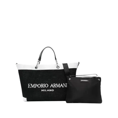Emporio Armani , Logo-Intarsia Tote Bag - Black/White Knitted Handbag ,Black female, Sizes: ONE SIZE