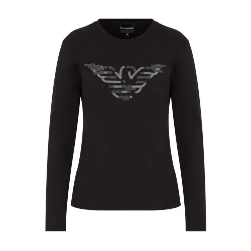 Emporio Armani , Long Sleeve Sporty Women T-Shirt with Round Neck and Logo ,Black female, Sizes: