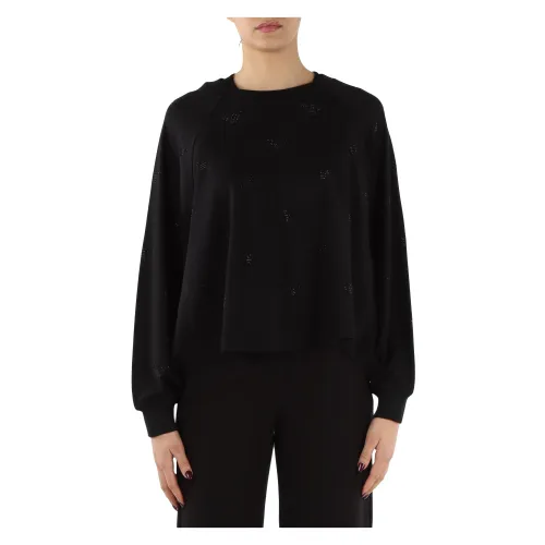 Emporio Armani , Long Sleeve Viscose Blend Sweater with Rhinestone Logo ,Black female, Sizes: