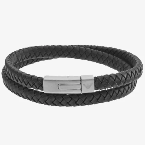 Emporio Armani Mens Double Black Leather and Stainless Steel Woven Bracelet EGS2176040