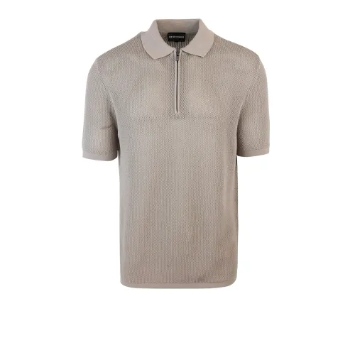 Emporio Armani , Mesh Polo Zip T-shirt Beige ,Beige male, Sizes: